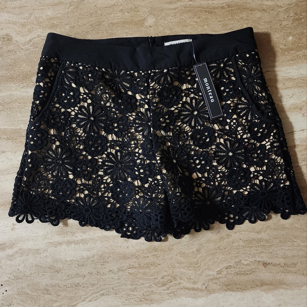 Black Lace Shorts with Nude Underneath Size L Brand Monteau